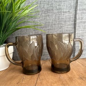 Vintage Smoky Brown Taupe Indonesia KIG Leaf Pattern Glass Coffee Mugs